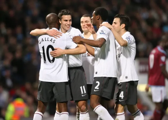 Framed Print : Arsenal's Gallas and Teams Celebrate Second Goal Against West Ham, 2009: A Triumphant Moment with Van Persie, Vermaelen, Song, and Fabregas Framed Print : Arsenal's Gallas and Teams Celebrate Second Goal Against West Ham, 2009: A Triumphant Moment with Van Persie, Vermaelen, Song, and Fabregas