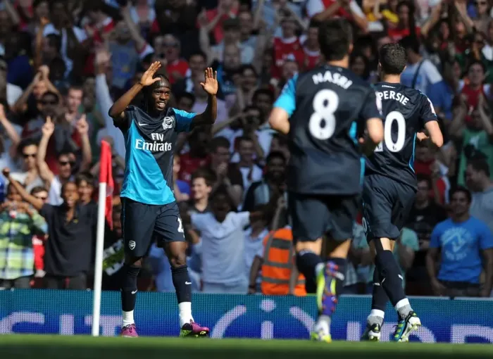 Framed Print : Arsenal's Gervinho and Robin van Persie Celebrate Goal Against Boca Juniors, Emirates Cup 2011