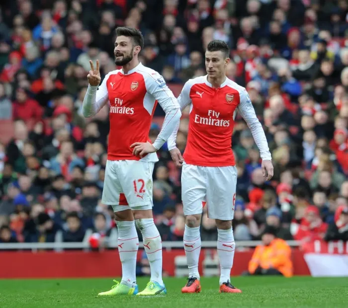 Framed Print : Arsenal's Giroud and Koscielny in Action: Arsenal vs. Leicester City, Premier League 2015-16 Framed Print : Arsenal's Giroud and Koscielny in Action: Arsenal vs. Leicester City, Premier League 2015-16