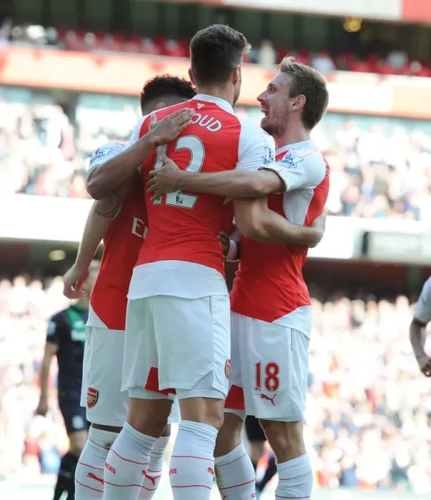 Framed Print : Arsenal's Giroud and Monreal Celebrate Goals Against Stoke City (2015-16)