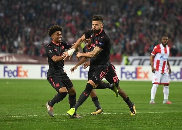 Arsenal's Giroud and Nelson: Celebrating a Goal in Europa League against Red Star Belgrade
