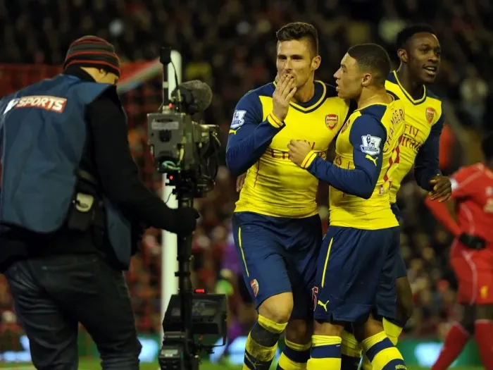 Framed Print : Arsenal's Giroud and Oxlade-Chamberlain Celebrate Goals Against Liverpool (2014 / 15) - Anfield Rivalry Unleashed Framed Print : Arsenal's Giroud and Oxlade-Chamberlain Celebrate Goals Against Liverpool (2014 / 15) - Anfield Rivalry Unleashed