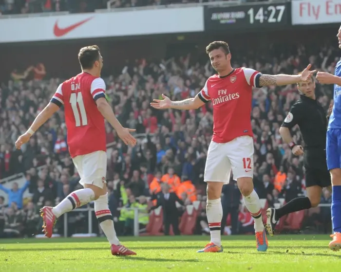 Framed Print : Arsenal's Giroud and Ozil Celebrate Goals in FA Cup Quarter-Final Victory
