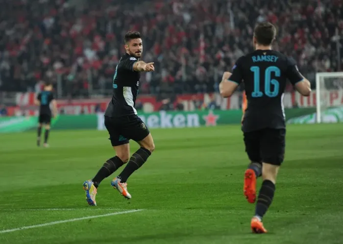 Framed Print : Arsenal's Giroud and Ramsey Celebrate Goal in UEFA Champions League against Olympiacos Framed Print : Arsenal's Giroud and Ramsey Celebrate Goal in UEFA Champions League against Olympiacos