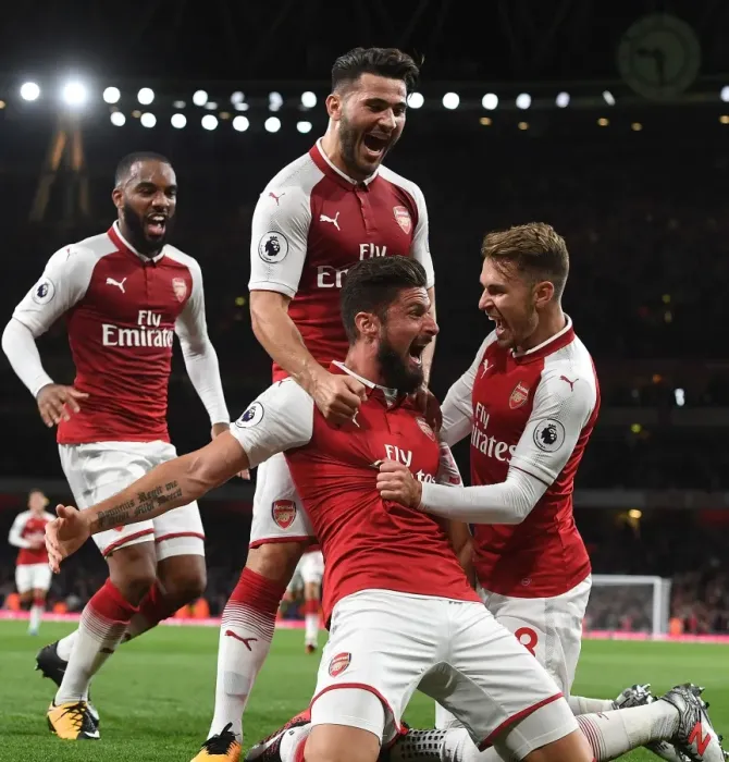 Framed Print : Arsenal's Giroud, Ramsey, and Kolasinac Celebrate Goals Against Leicester City (2017-18)