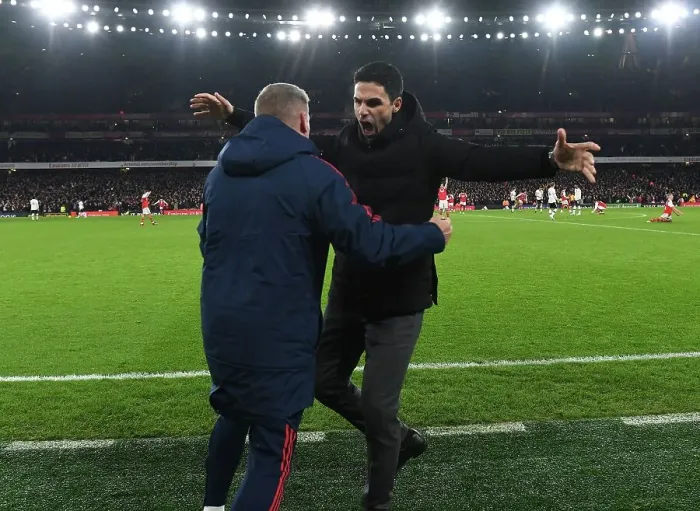 Framed Print : Arsenal's Glory: Arteta and Round Celebrate Premier League Victory Over Manchester United