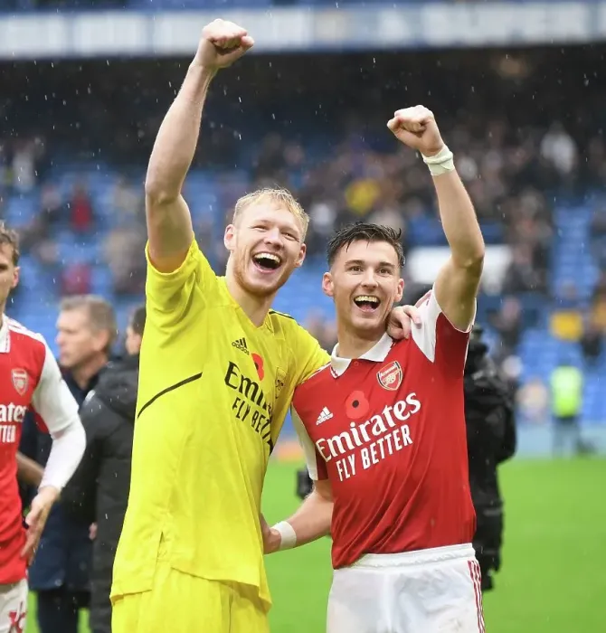Framed Print : Arsenal's Glory at Stamford Bridge: Tierney and Ramsdale's Victory Celebration Framed Print : Arsenal's Glory at Stamford Bridge: Tierney and Ramsdale's Victory Celebration
