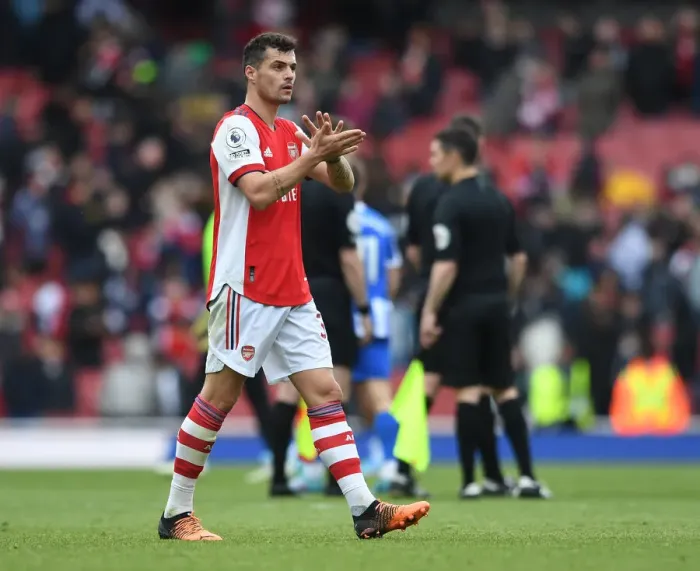 Framed Print : Arsenal's Granit Xhaka Celebrates with Fans after Arsenal v Brighton & Hove Albion, Premier League 2021-22 Framed Print : Arsenal's Granit Xhaka Celebrates with Fans after Arsenal v Brighton & Hove Albion, Premier League 2021-22