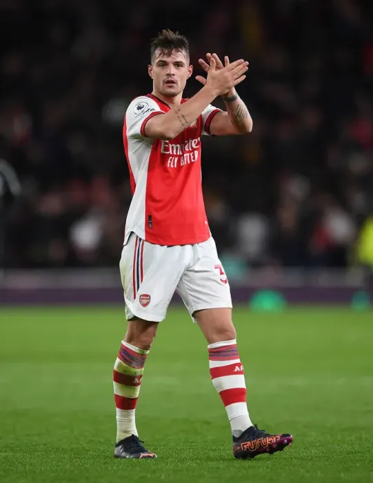 Framed Print : Arsenal's Granit Xhaka Celebrates with Fans after Arsenal vs. Wolverhampton Wanderers, Premier League 2021-22