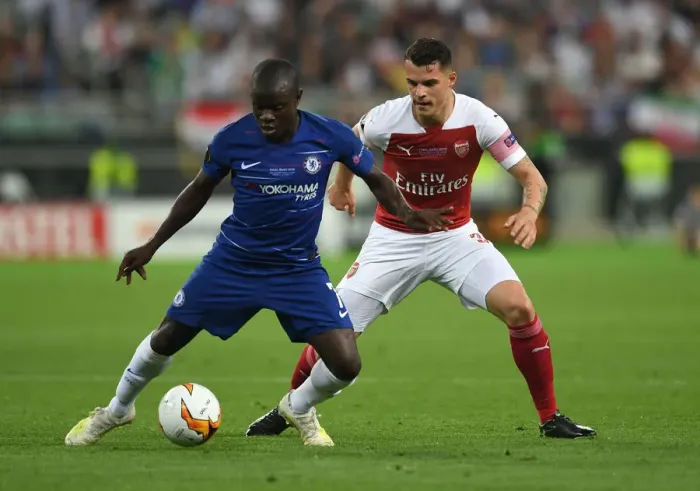 Framed Print : Arsenal's Granit Xhaka Clashes with Chelsea's N'Golo Kante in Europa League Final Showdown