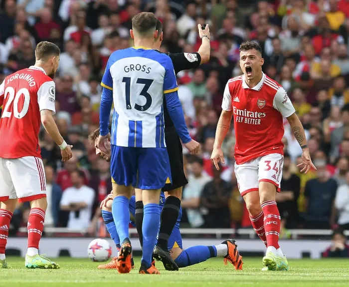 Framed Print : Arsenal's Granit Xhaka Controversially Argues with Referee during Arsenal v Brighton & Hove Albion Match, 2022-23