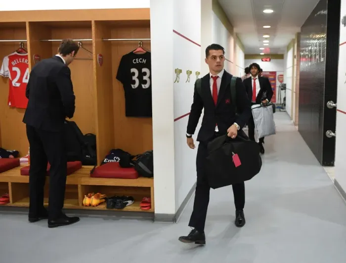 Framed Print : Arsenal's Granit Xhaka in the Home Changing Room before Arsenal vs Everton (2016-17)