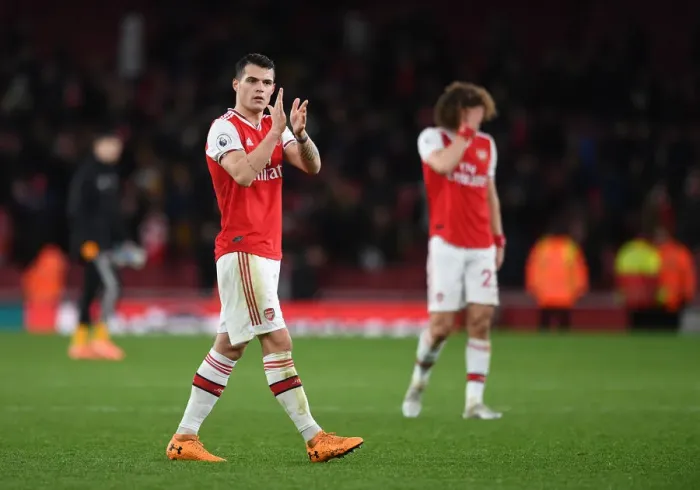 Framed Print : Arsenal's Granit Xhaka Rallies Fans After Arsenal v Sheffield United Premier League Match