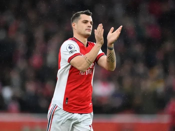 Framed Print : Arsenal's Granit Xhaka Rallies Fans Before Arsenal vs Southampton (2021-22)