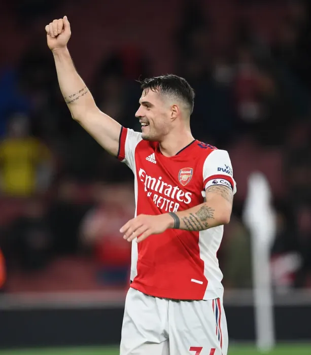 Framed Print : Arsenal's Granit Xhaka Shows Appreciation to Fans in Emotional Post-Match Moment (Arsenal vs West Ham United, 2021-22)