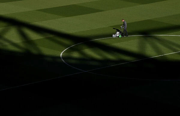Arsenal's Groundsman Prepares the Pitch for Arsenal v Leicester City (2018-19)