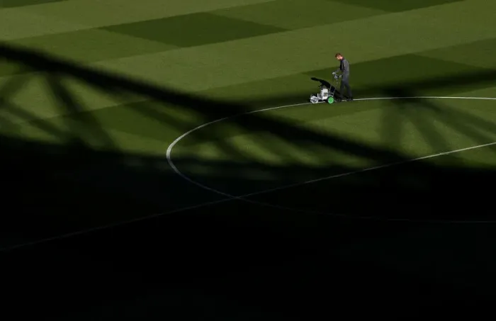 Framed Print : Arsenal's Groundsman Prepares the Pitch for Arsenal v Leicester City (2018-19) Framed Print : Arsenal's Groundsman Prepares the Pitch for Arsenal v Leicester City (2018-19)
