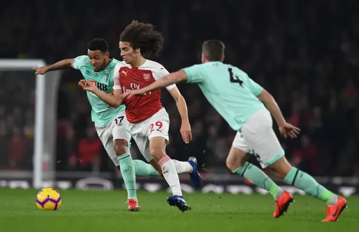 Framed Print : Arsenal's Guendouzi Clashes with Bournemouth's Gosling and King: A Tense Moment from the Premier League Match Framed Print : Arsenal's Guendouzi Clashes with Bournemouth's Gosling and King: A Tense Moment from the Premier League Match