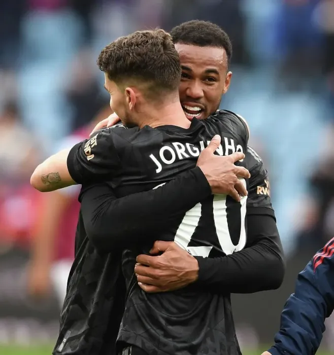 Framed Print : Arsenal's Hard-Fought Victory: Gabriel and Jorginho Celebrate at Villa Park Framed Print : Arsenal's Hard-Fought Victory: Gabriel and Jorginho Celebrate at Villa Park