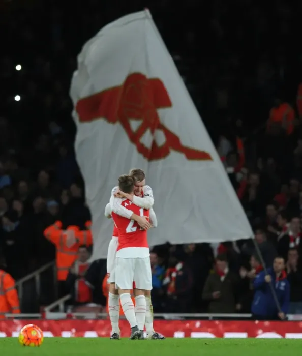 Framed Print : Arsenal's Hard-Fought Victory Over Manchester City (2015-16): Per Mertesacker and Aaron Ramsey Celebrate Framed Print : Arsenal's Hard-Fought Victory Over Manchester City (2015-16): Per Mertesacker and Aaron Ramsey Celebrate