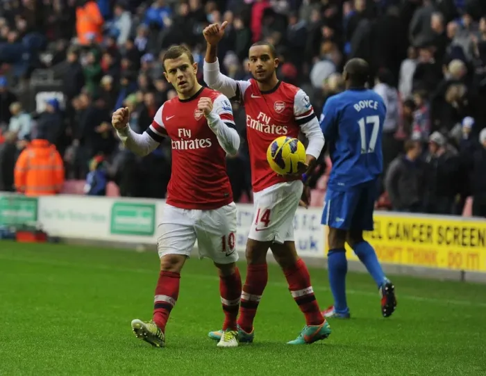 Framed Print : Arsenal's Hard-Fought Victory over Wigan Athletic (2012-13): Jack Wilshere and Theo Walcott Celebrate
