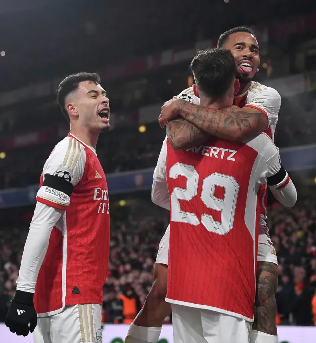 Framed Print : Arsenal's Havertz, Jesus, and Martinelli Celebrate First Goal Against RC Lens in 2023-24 UEFA Champions League