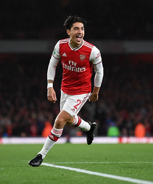 Arsenal's Hector Bellerin Celebrates Third Goal Against Nottingham Forest in Carabao Cup