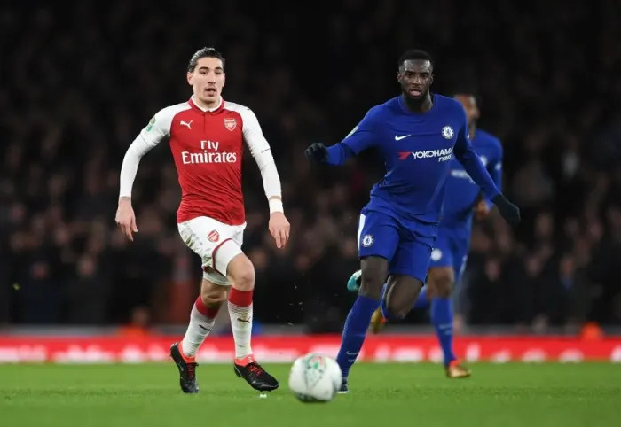 Framed Print : Arsenal's Hector Bellerin Clashes with Chelsea's Tiemoue Bakayoko in Carabao Cup Semi-Final Showdown