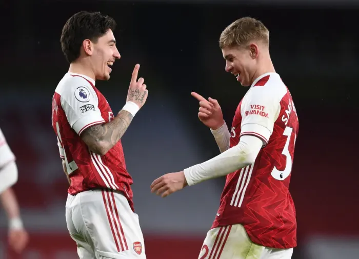 Framed Print : Arsenal's Hector Bellerin and Emile Smith Rowe Celebrate Goals Against Leeds United