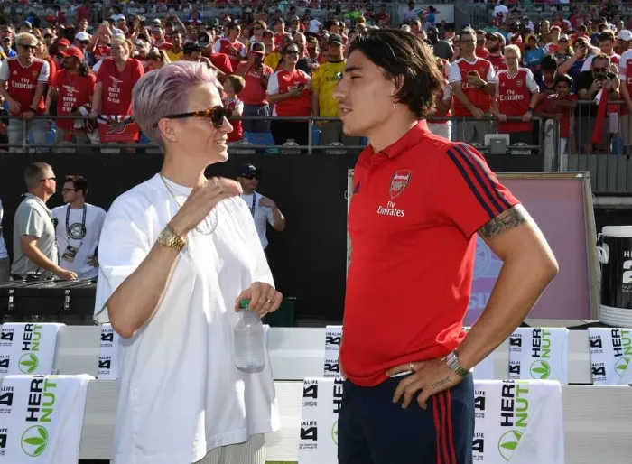 Framed Print : Arsenal's Hector Bellerin Meets Megan Rapinoe of Reign FC during Arsenal v Fiorentina International Champions Cup Match in Charlotte, 2019
