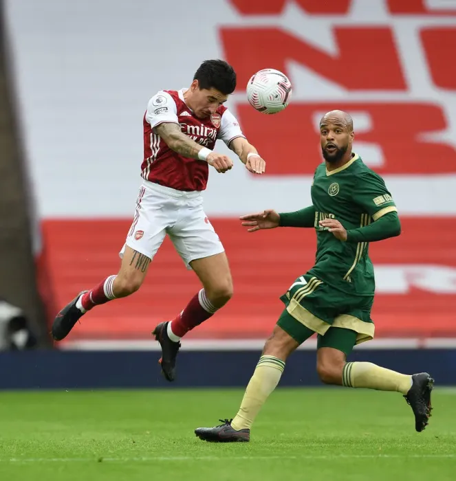 Framed Print : Arsenal's Hector Bellerin Overpowers Sheffield United's McGoldrick in Empty Emirates Stadium