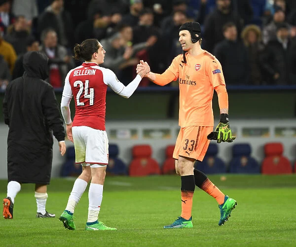 Arsenal's Hector Bellerin and Petr Cech Celebrate Quarter-Final Survival Against CSKA Moscow