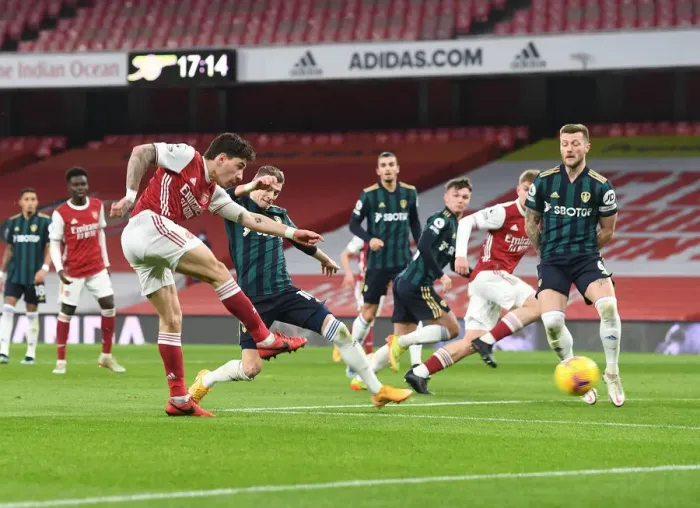 Framed Print : Arsenal's Hector Bellerin Scores Third Goal Against Leeds United in Premier League Showdown Framed Print : Arsenal's Hector Bellerin Scores Third Goal Against Leeds United in Premier League Showdown