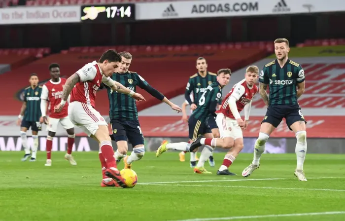 Framed Print : Arsenal's Hector Bellerin Scores Third Goal vs Leeds United in Premier League (Arsenal v Leeds United 2020-21) Framed Print : Arsenal's Hector Bellerin Scores Third Goal vs Leeds United in Premier League (Arsenal v Leeds United 2020-21)