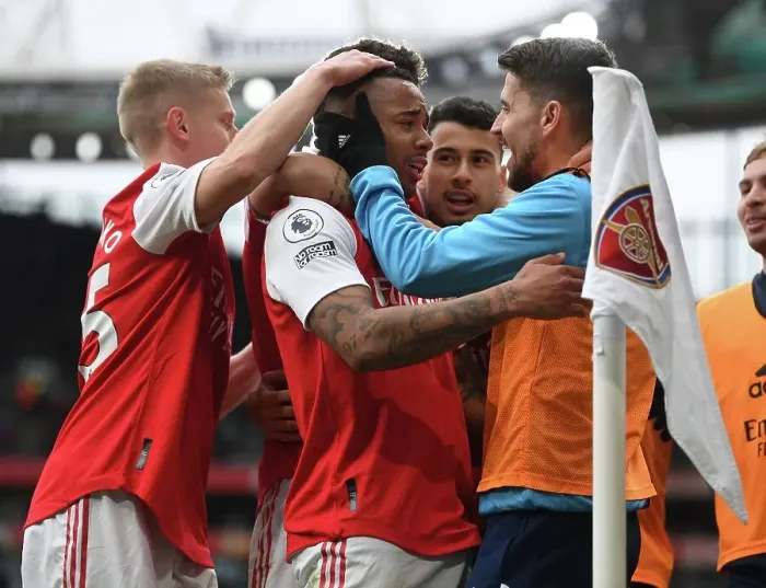 Framed Print : Arsenal's Historic Triumph: Jesus, Jorginho, Zinchenko Celebrate Goal vs. Leeds United (2022-23)