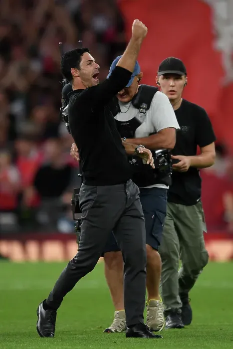 Framed Print : Arsenal's Historic Victory: Mikel Arteta Celebrates Triumph over Manchester City (2023-24)
