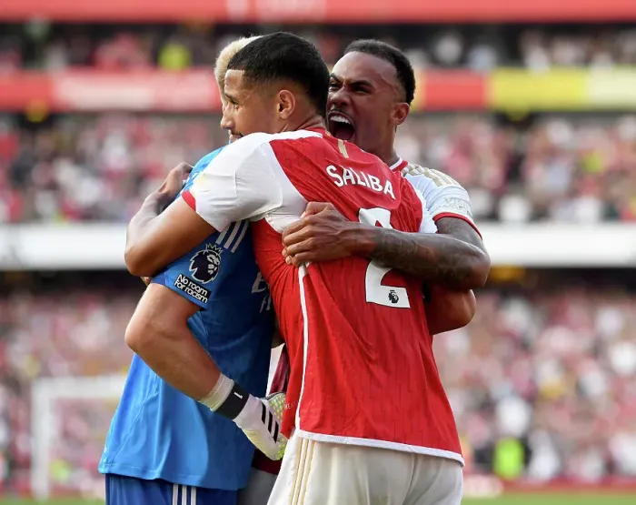Framed Print : Arsenal's Historic Win: Magalhaes, Ramsdale, and Saliba Celebrate Over Manchester United in the 2023-24 Premier League Framed Print : Arsenal's Historic Win: Magalhaes, Ramsdale, and Saliba Celebrate Over Manchester United in the 2023-24 Premier League
