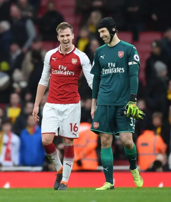 Framed Print : Arsenal's Holding and Cech: Celebrating Premier League Victory over Watford (2017-18) Framed Print : Arsenal's Holding and Cech: Celebrating Premier League Victory over Watford (2017-18)