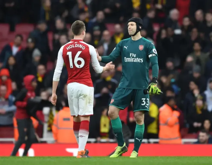 Framed Print : Arsenal's Holding and Cech: Celebrating Victory over Watford, Premier League 2017-18