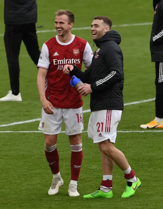 Framed Print : Arsenal's Holding and Chambers Celebrate Victory Over Brighton & Hove Albion (2020-21) Framed Print : Arsenal's Holding and Chambers Celebrate Victory Over Brighton & Hove Albion (2020-21)
