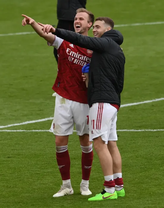Framed Print : Arsenal's Holding and Chambers: Victory Celebration vs. Brighton & Hove Albion (2020-21) Framed Print : Arsenal's Holding and Chambers: Victory Celebration vs. Brighton & Hove Albion (2020-21)