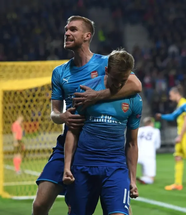 Framed Print : Arsenal's Holding and Mertesacker Celebrate Goals Against FC BATE Borisov in Europa League Framed Print : Arsenal's Holding and Mertesacker Celebrate Goals Against FC BATE Borisov in Europa League