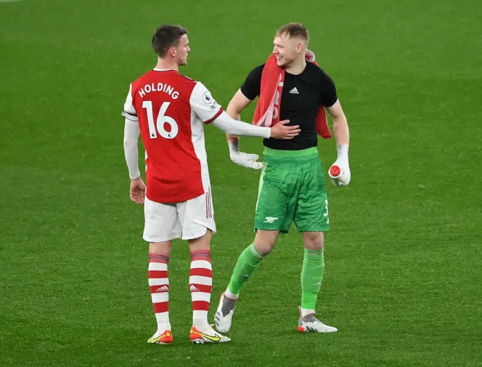 Framed Print : Arsenal's Holding and Ramsdale Celebrate Victory Over Southampton in Premier League Framed Print : Arsenal's Holding and Ramsdale Celebrate Victory Over Southampton in Premier League