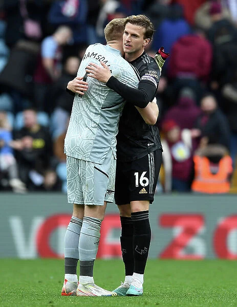 Arsenal's Holding and Ramsdale: Post-Match Moment at Villa Park (Aston Villa vs Arsenal, Premier League 2022-23)