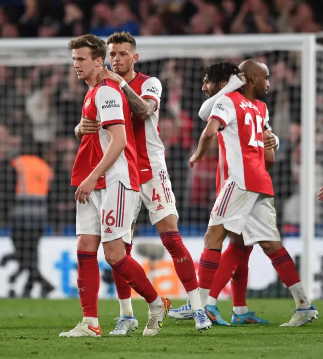 Framed Print : Arsenal's Holding and White Share a Moment after Chelsea Showdown (2021-22)