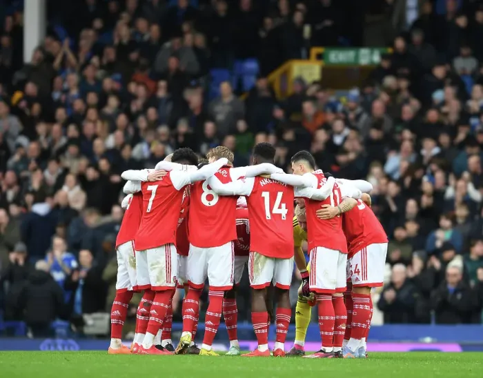 Framed Print : Arsenal's Huddle at Goodison Park: Everton vs Arsenal, Premier League 2022-23
