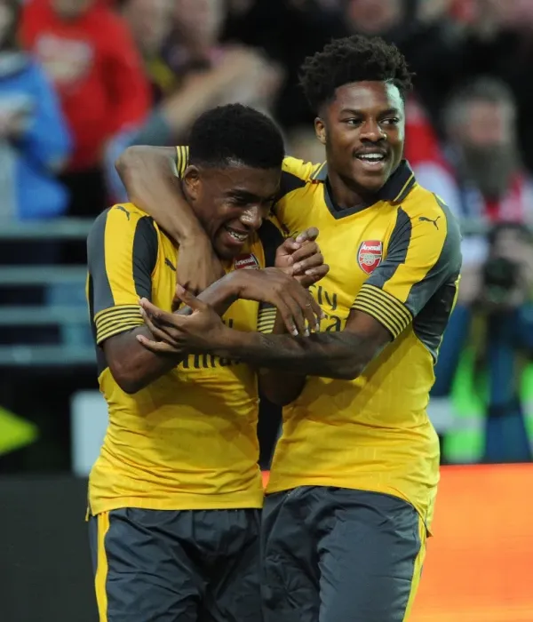 Framed Print : Arsenal's Iwobi and Akpom Celebrate Goal in Pre-Season Friendly against Viking FK, 2016