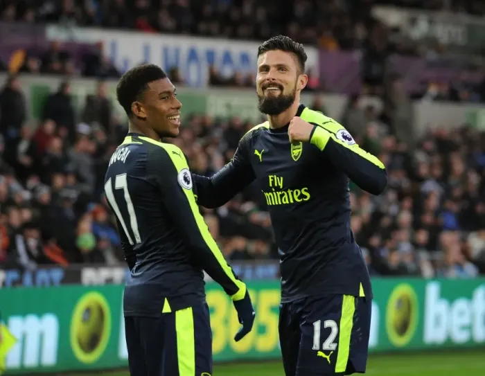 Framed Print : Arsenal's Iwobi and Giroud: Dancing in Unison after Scoring Second Goal vs Swansea City (2016-17)