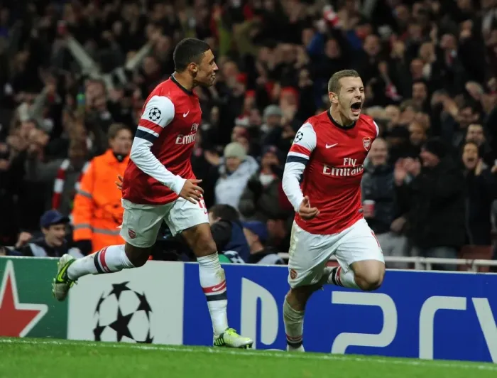 Framed Print : Arsenal's Jack Wilshere and Alex Oxlade-Chamberlain Celebrate First Goal Against Montpellier (2012-13) Framed Print : Arsenal's Jack Wilshere and Alex Oxlade-Chamberlain Celebrate First Goal Against Montpellier (2012-13)