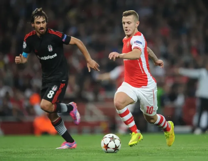 Framed Print : Arsenal's Jack Wilshere Clashes with Besiktas Veli Kavlak in UEFA Champions League Qualifier